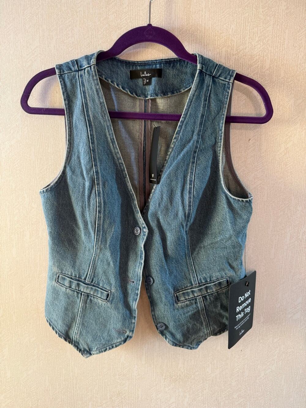 Lulus Coveted Appeal Denim Vest Medium NWT Blue Button Front Tie Back Y2K